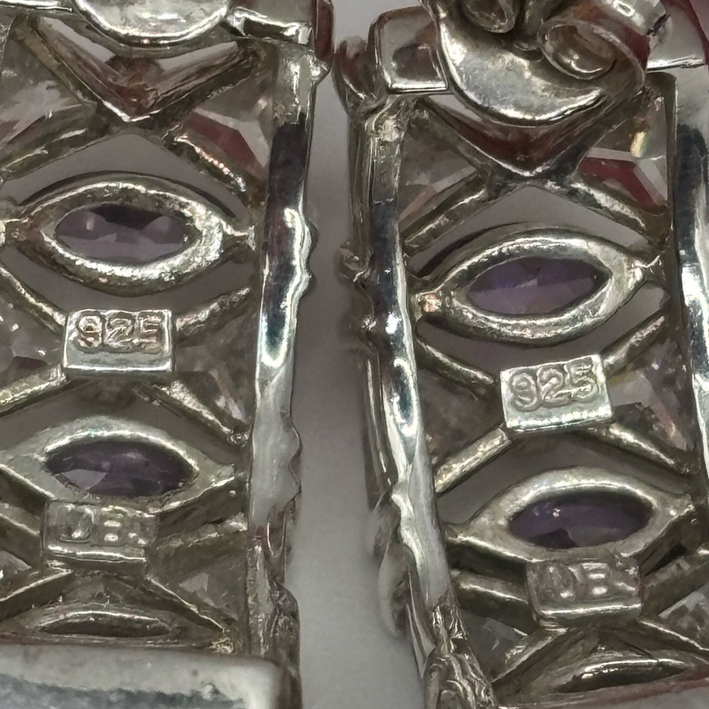 Diamond Silver Amethyst Huggie 
Hoop Earrings - Picture 5 of 9